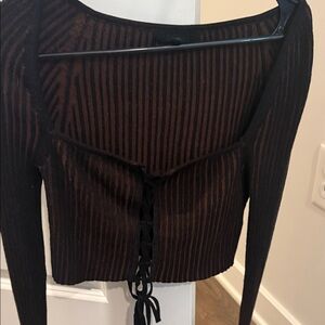 HOURS Sheer Ribbed Long Sleeve Crop Top w/ Lace-Up front– M